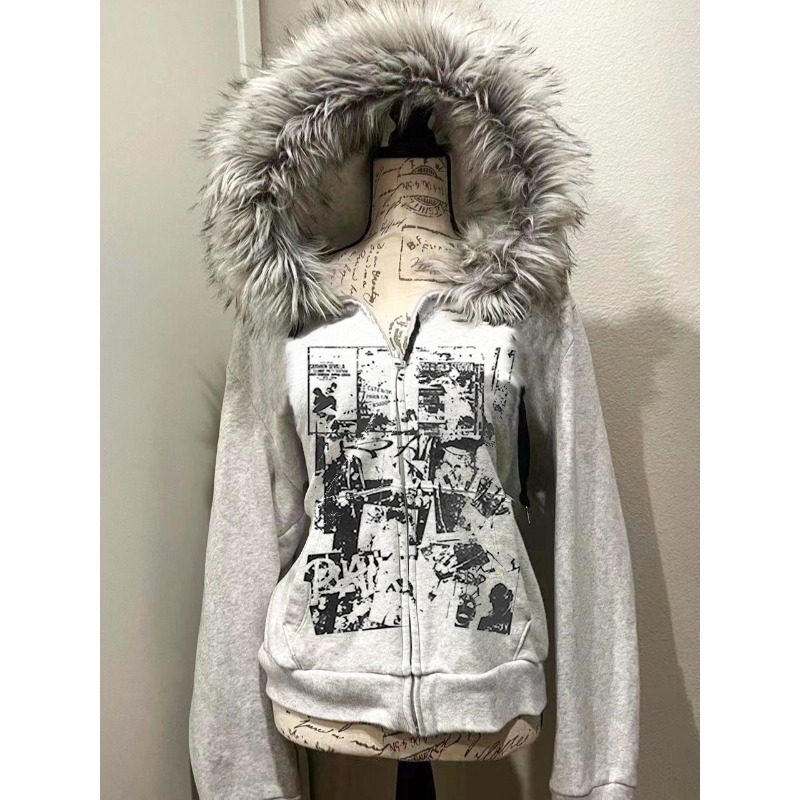 Vintage Zip Hoodie - สีเทาFaux Furขนสัตว์คู่ซิปเสื้อHoodiesผู้หญิงSlimเอวHooded Vintage Y2kเสื้อRopa Mujer Casualแฟชั่นSweatshirt