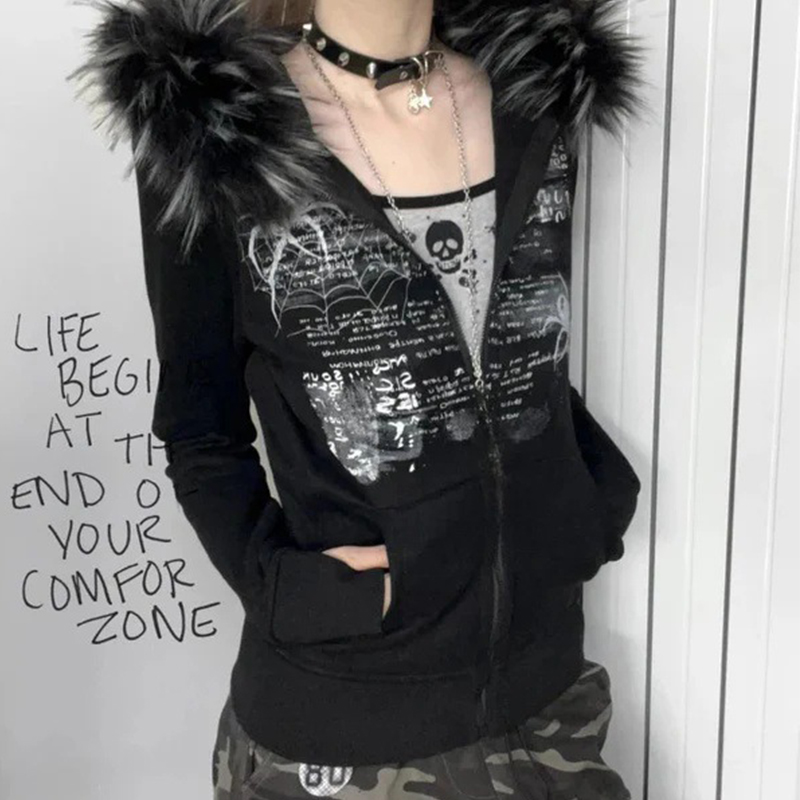 Vintage Zip Hoodie - เสื้อโค้ทซิปสไตล์วินเทจประดับขนเฟอร์และคริสตัล สำหรับฤดูใบไม้ร่วงและฤดูหนาวสไตล์ยุโรปและอเมริกา ทรงเข้ารูป แบบ Y2K