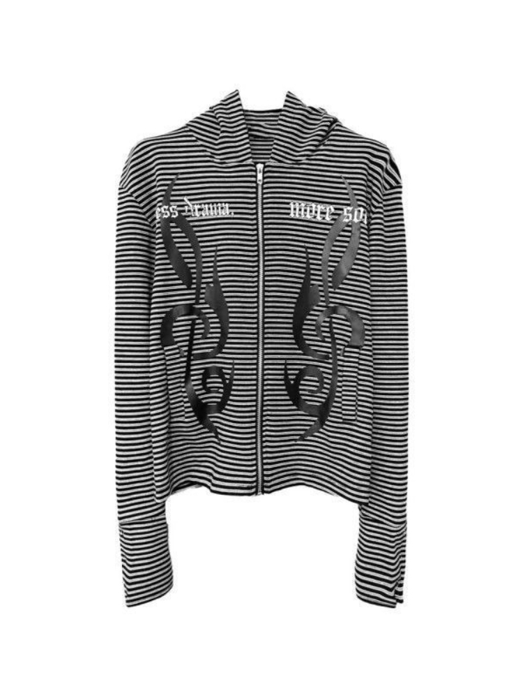 Vintage Zip Hoodie - เสื้อฮู้ดดี้ลายทางสไตล์กอธิคสำหรับผู้ชายและผู้หญิง แจ็คเก็ตซิปพร้อมลายพิมพ์โน้ตดนตรี แขนยาวเข้ารูป สตรีทแวร์สำหรับทุกเพศ