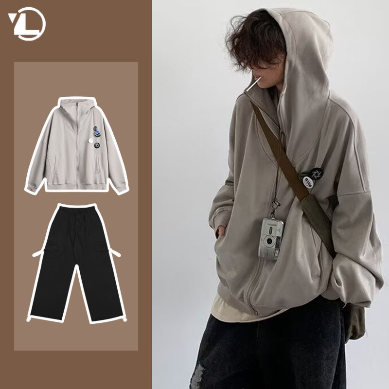 Vintage Zip Hoodie - ชุดลำลองแนววิทยาลัยสำหรับฤดูใบไม้ร่วงเสื้อแจ็คเก็ตมีฮู้ดแบบซิปสไตล์ฮาราจูกุญี่ปุ่น + กางเกงขาม้าย้อนยุคชุดแฟชั่นแนวสตรีท2ชิ้น