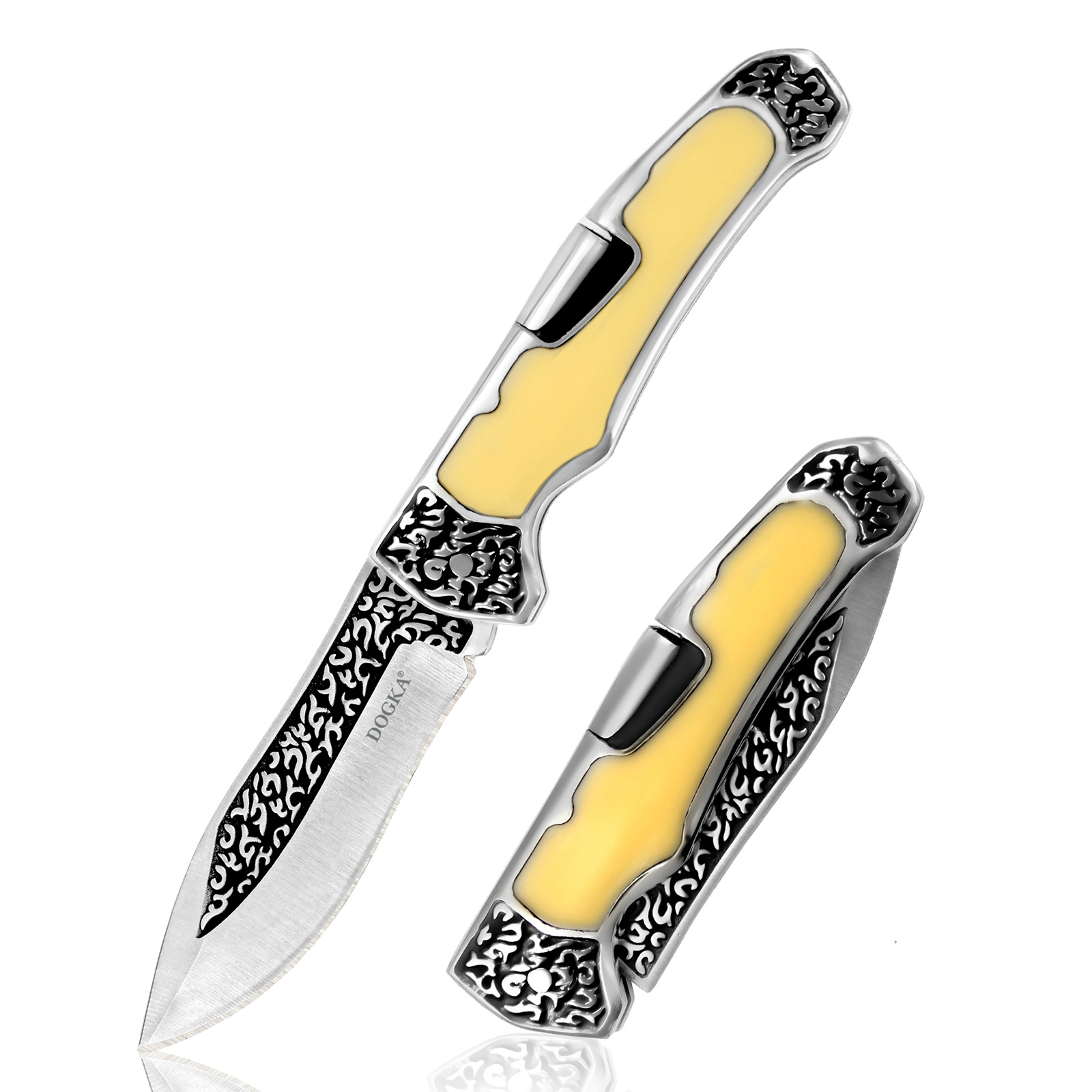 Vintage Collectible Knives - เครื่องมืออเนกประสงค์พับได้แบบวินเทจ ลายสลัก ด้ามจับสีเหลืองเรียบ พร้อมลายสลักสวยงาม ใบมีดสำหรับตัด พกพาสะดวก