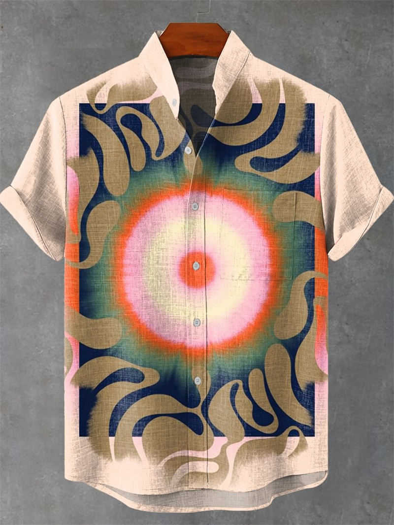 Vintage Collectible Shop - เสื้อเชิ้ตผ้าลินินแขนสั้นผู้ชายวินเทจสีดำมันดาลาอาร์ตพิมพ์ 3D แฟชั่นลำลองคอลเลกชันใหม่