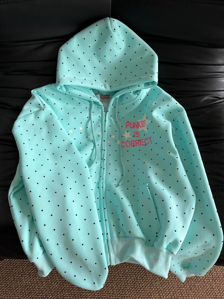 Vintage Zip Hoodie - Y2k แฟชั่นฤดูใบไม้ผลิใหม่สไตล์อเมริกันลายจุดดาวเสื้อสเวตเตอร์พิมพ์ลายตัวอักษรผู้หญิงเสื้อแจ็คเก็ตลำลองหลวมๆ 2026 ใหม่