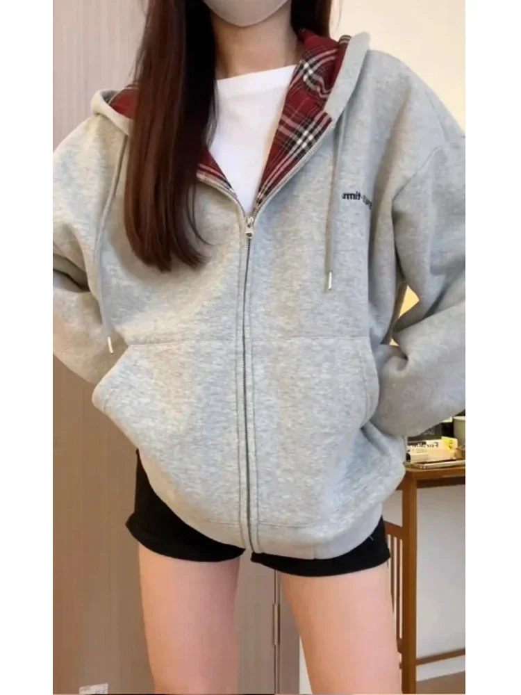 Vintage Zip Hoodie - Harajuku 90S Aestheticสีแดงลายสก๊อตHoodies Topsเสื้อกันหนาวผู้หญิงสีเทาVINTAGE Streetwearเกาหลีแฟชั่นการออกแบบเสื้อผ้าฤดูใบไม้ร่วง 2024