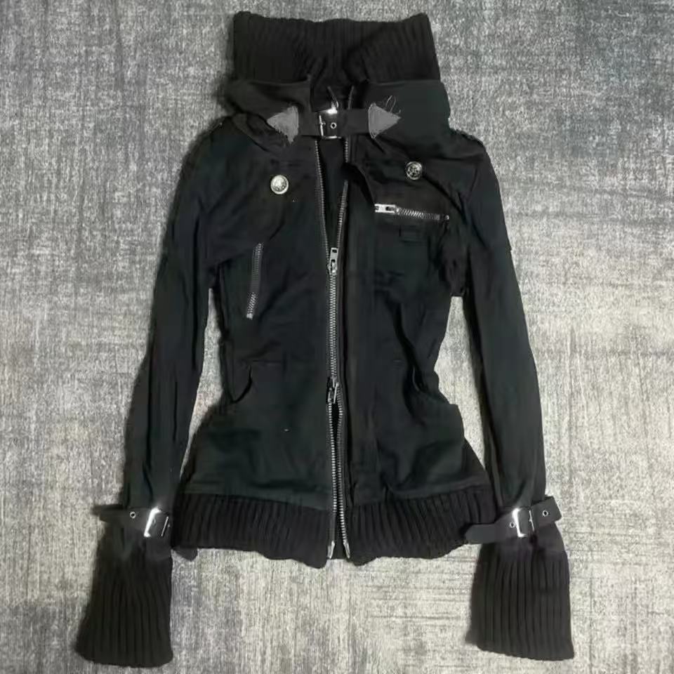 Vintage Zip Hoodie - เสื้อฮู้ดดี้ทรงสลิมสีดำสไตล์โกธิค Y2K สำหรับผู้หญิง แฟชั่นย้อนยุคอเมริกัน Y2K ทรงสลิมโอเวอร์ไซส์